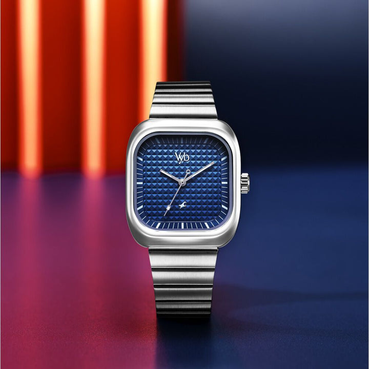 Fastrack Vyb Maverick Quartz Analog Blue Dial Silver Metal Strap Watch For Guys FV30001SM01W