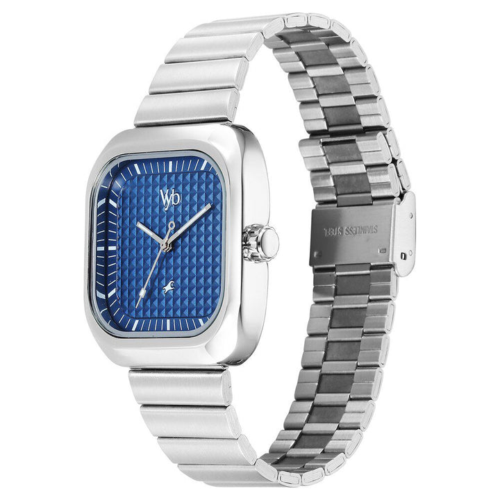 Fastrack Vyb Maverick Quartz Analog Blue Dial Silver Metal Strap Watch For Guys FV30001SM01W