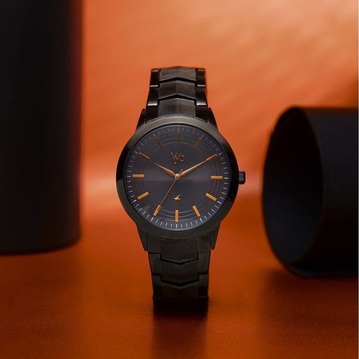 Fastrack Vyb Atlas Quartz Analog Black Dial Black Metal Strap Watch For Guys FV30002NM01W