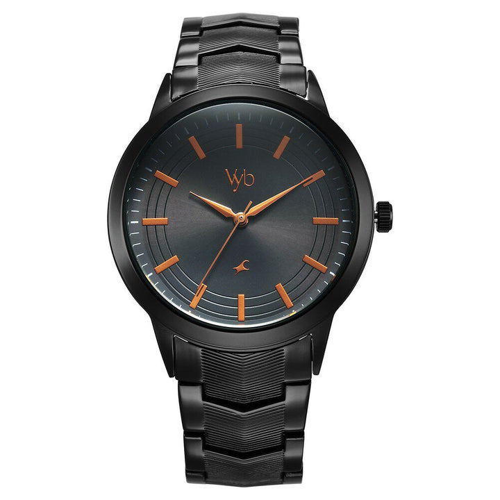 Fastrack Vyb Atlas Quartz Analog Black Dial Black Metal Strap Watch For Guys FV30002NM01W