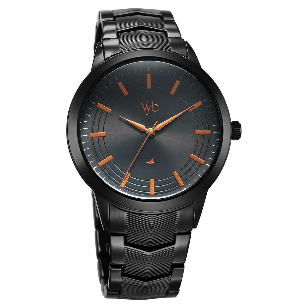 Fastrack Vyb Atlas Quartz Analog Black Dial Black Metal Strap Watch For Guys FV30002NM01W