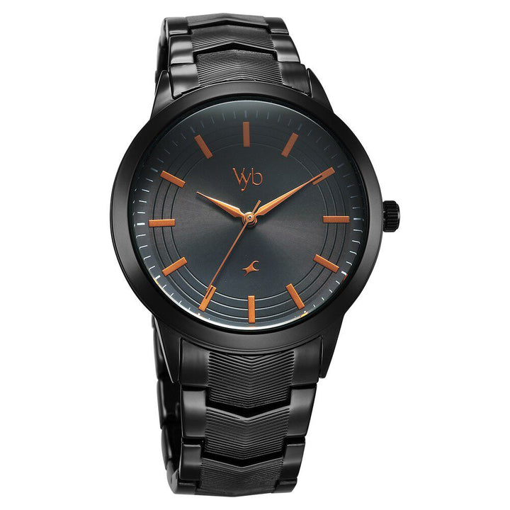 Fastrack Vyb Atlas Quartz Analog Black Dial Black Metal Strap Watch For Guys FV30002NM01W