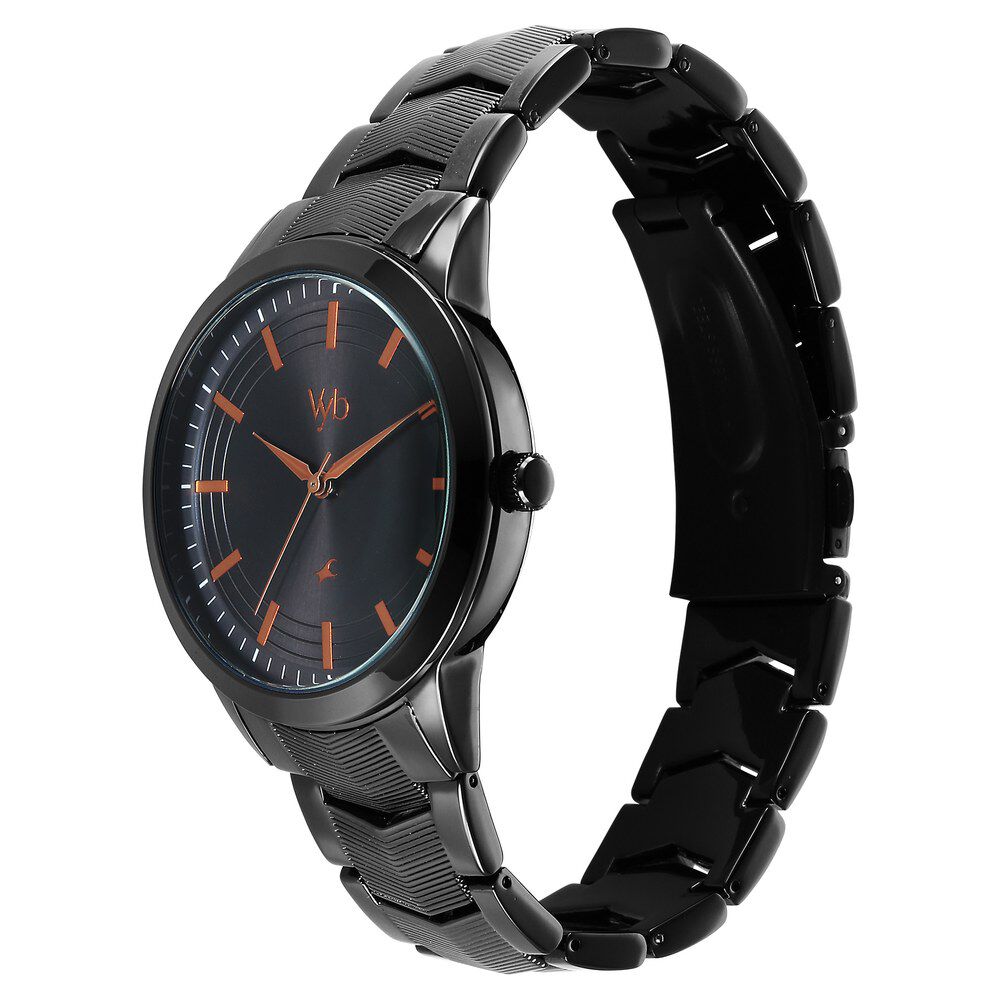 Fastrack Vyb Atlas Quartz Analog Black Dial Black Metal Strap Watch For Guys FV30002NM01W