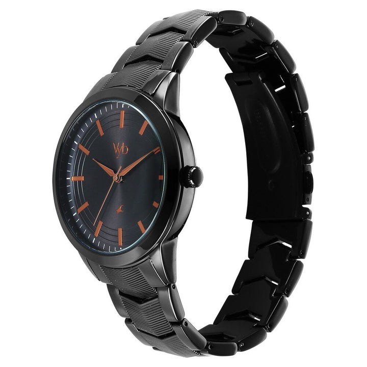 Fastrack Vyb Atlas Quartz Analog Black Dial Black Metal Strap Watch For Guys FV30002NM01W