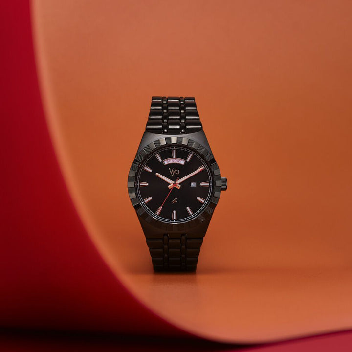 Fastrack Vyb Orion Quartz Analog Black Dial Black Color Metal Strap Watch for Guys FV30003NM01W