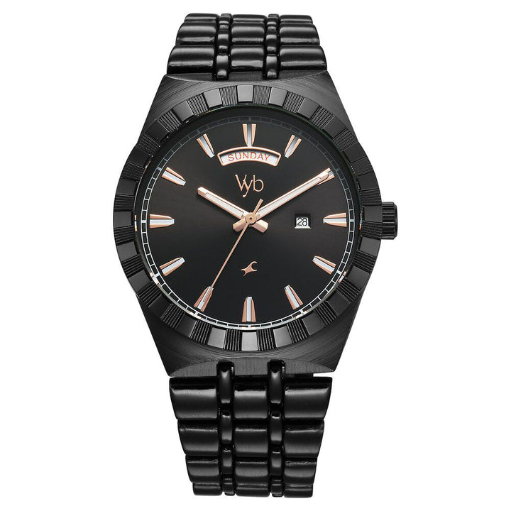 Fastrack Vyb Orion Quartz Analog Black Dial Black Color Metal Strap Watch for Guys FV30003NM01W