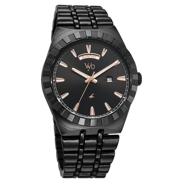 Fastrack Vyb Orion Quartz Analog Black Dial Black Color Metal Strap Watch for Guys FV30003NM01W
