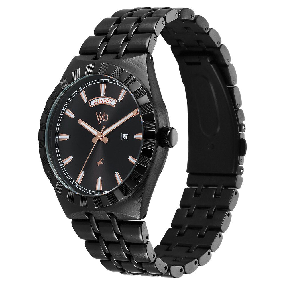 Fastrack Vyb Orion Quartz Analog Black Dial Black Color Metal Strap Watch for Guys FV30003NM01W