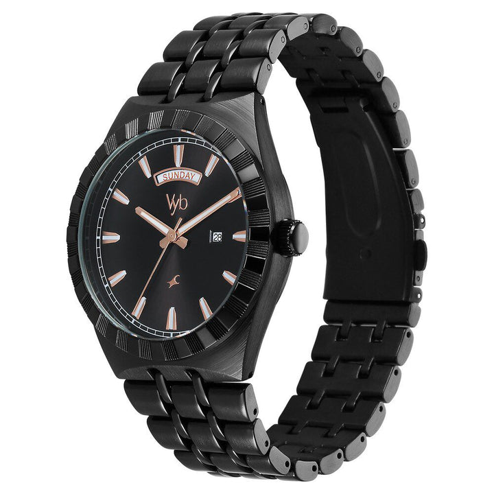 Fastrack Vyb Orion Quartz Analog Black Dial Black Color Metal Strap Watch for Guys FV30003NM01W