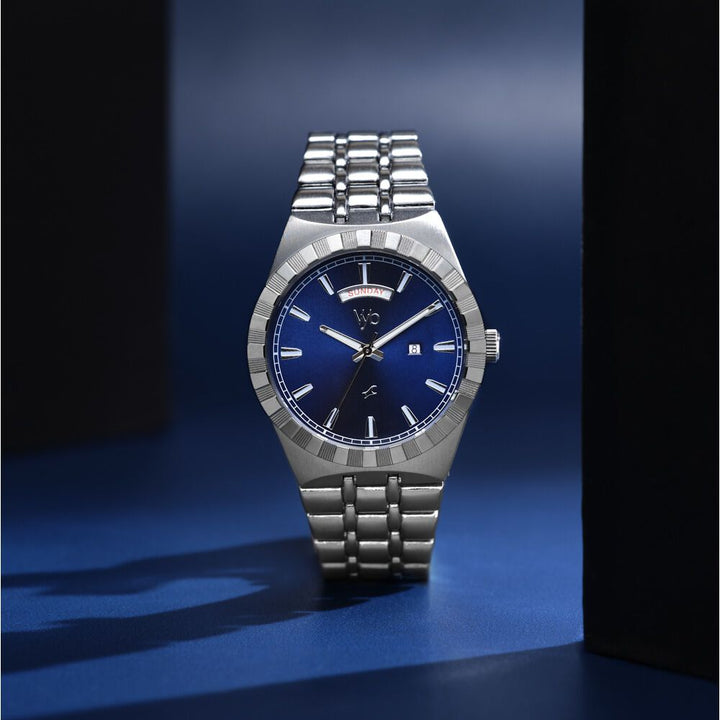 Fastrack Vyb Orion Quartz Analog Blue Dial Silver Color Metal Strap Watch for Guys FV30003SM01W