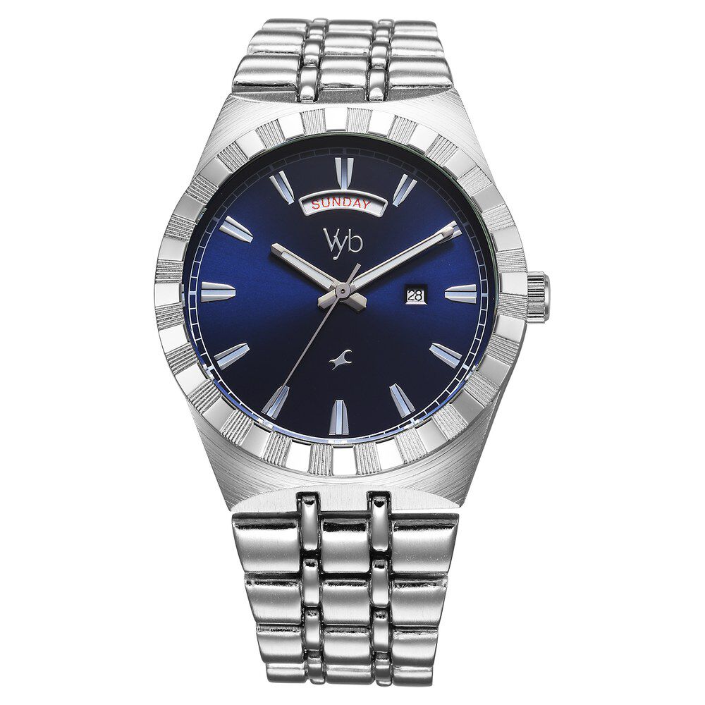 Fastrack Vyb Orion Quartz Analog Blue Dial Silver Color Metal Strap Watch for Guys FV30003SM01W