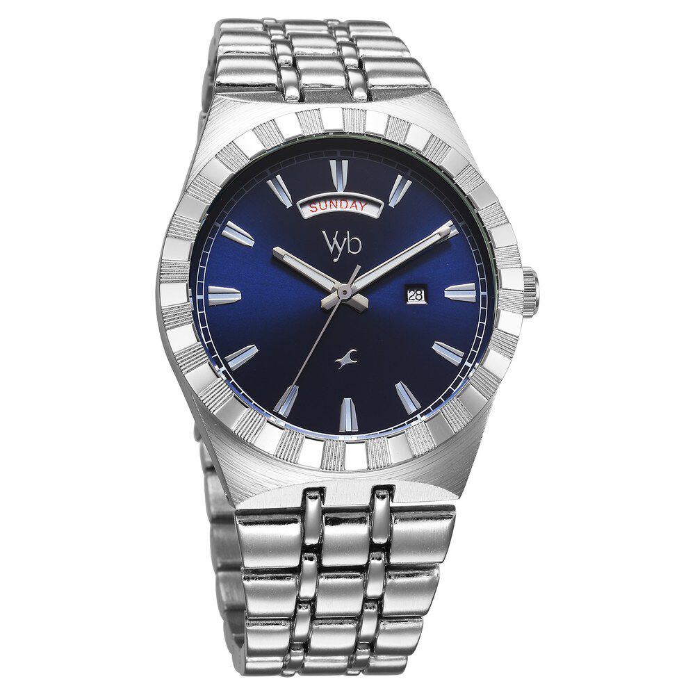 Fastrack Vyb Orion Quartz Analog Blue Dial Silver Color Metal Strap Watch for Guys FV30003SM01W