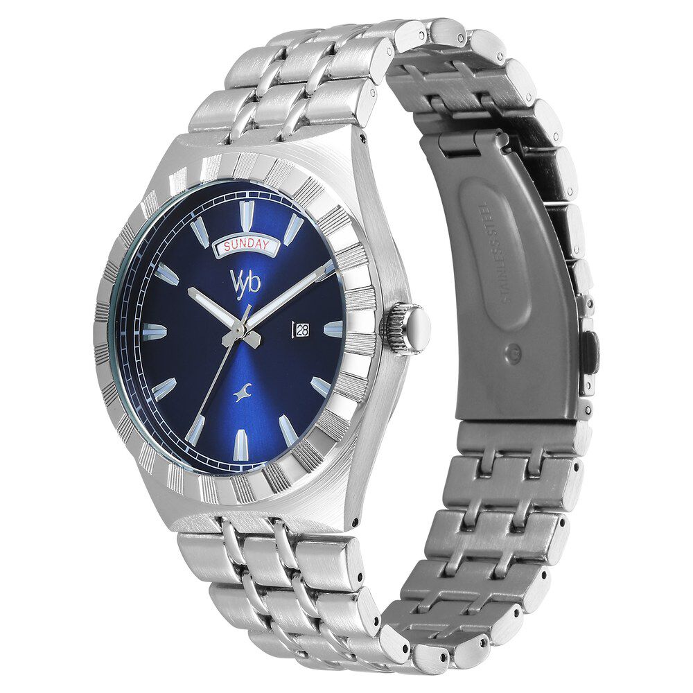 Fastrack Vyb Orion Quartz Analog Blue Dial Silver Color Metal Strap Watch for Guys FV30003SM01W