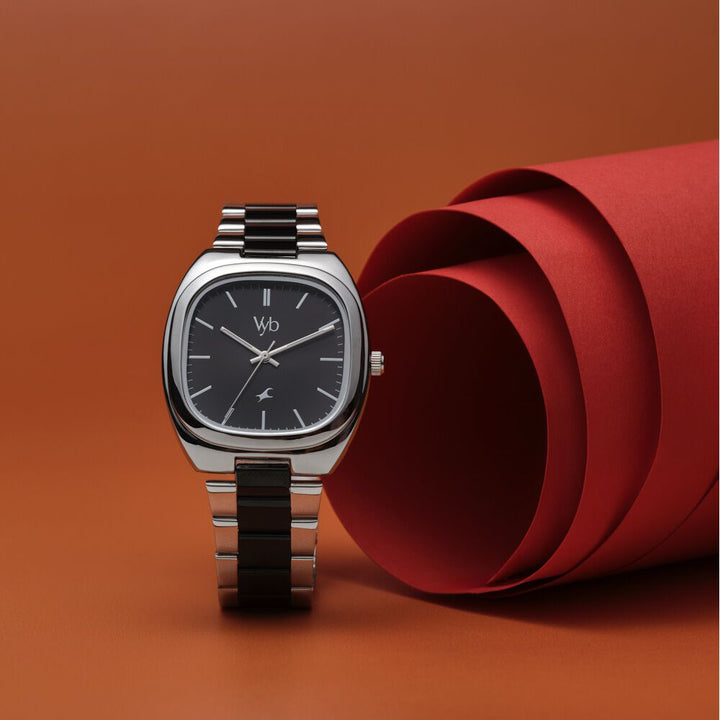 Fastrack Vyb Aviator Quartz Analog Black Dial Two Toned Metal Strap Watch For Guys FV30004KM01W