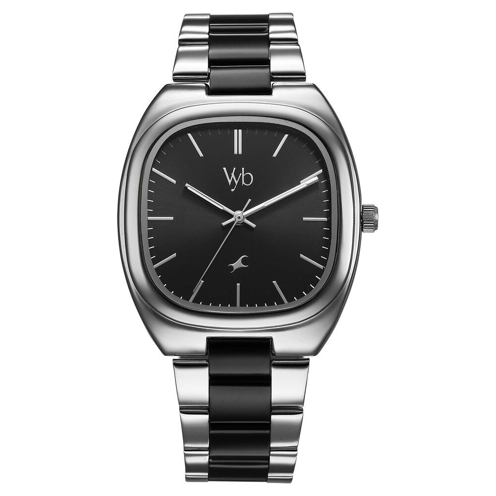 Fastrack Vyb Aviator Quartz Analog Black Dial Two Toned Metal Strap Watch For Guys FV30004KM01W