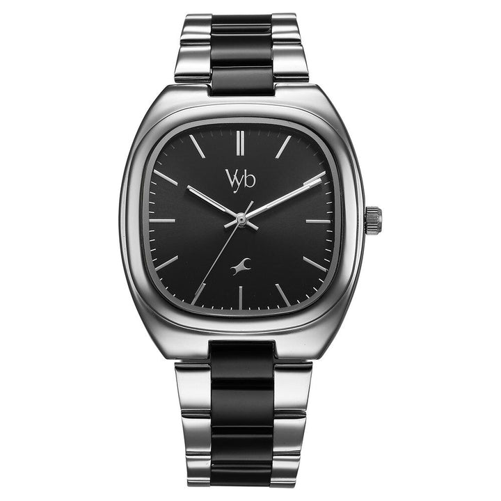 Fastrack Vyb Aviator Quartz Analog Black Dial Two Toned Metal Strap Watch For Guys FV30004KM01W
