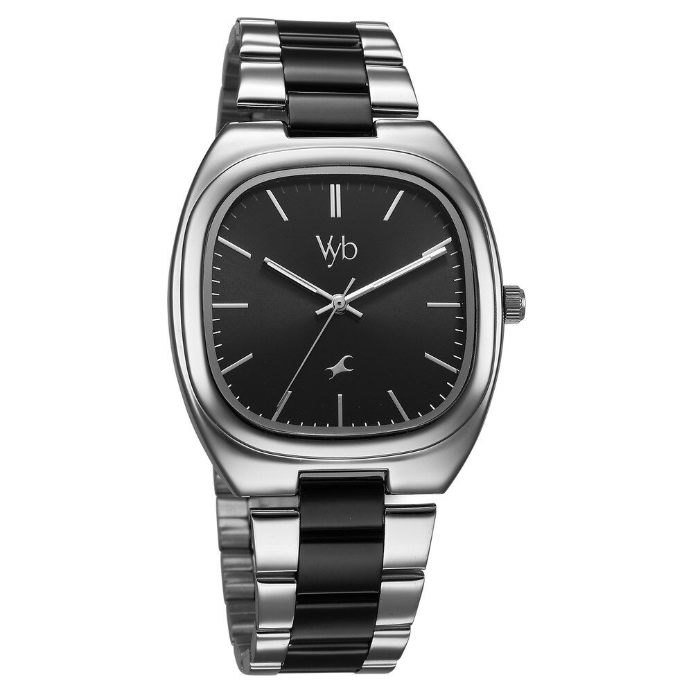 Fastrack Vyb Aviator Quartz Analog Black Dial Two Toned Metal Strap Watch For Guys FV30004KM01W