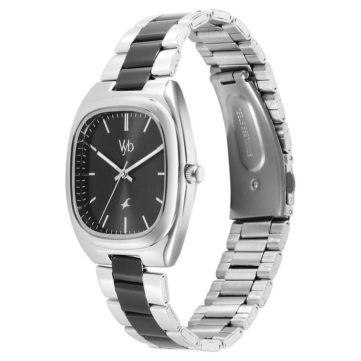 Fastrack Vyb Aviator Quartz Analog Black Dial Two Toned Metal Strap Watch For Guys FV30004KM01W