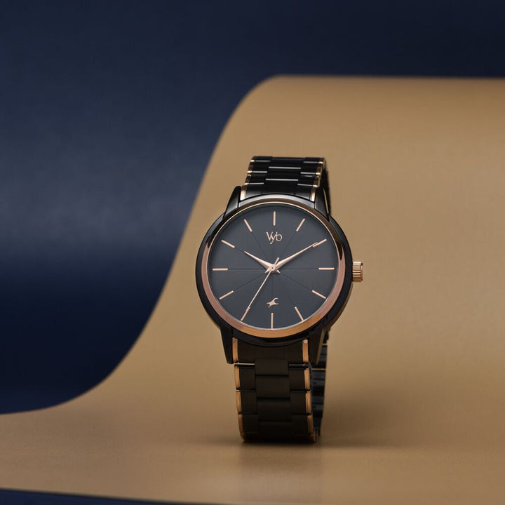 Fastrack Vyb Phantom Quartz Analog Black Dial Two Toned Metal Strap Watch For Guys FV30005KM01W