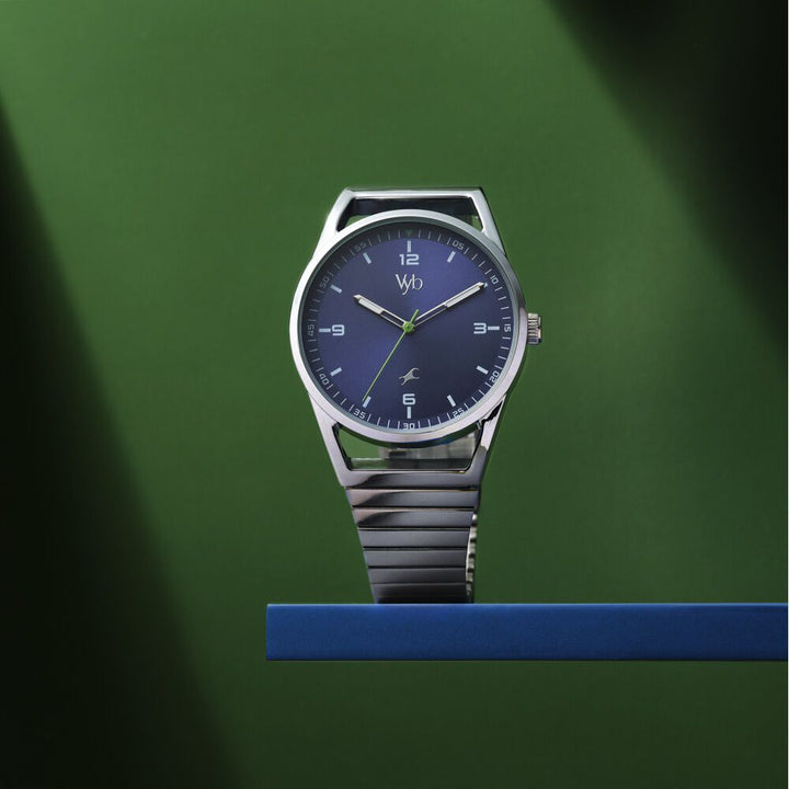 Fastrack Vyb Horizon Quartz Analog Blue Dial Silver Metal Strap Watch For Guys FV30006SM01W