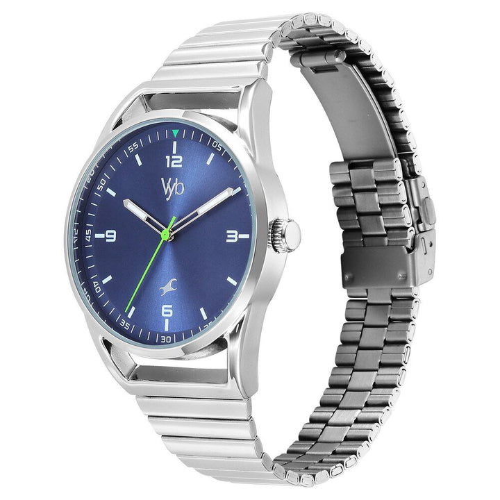 Fastrack Vyb Horizon Quartz Analog Blue Dial Silver Metal Strap Watch For Guys FV30006SM01W