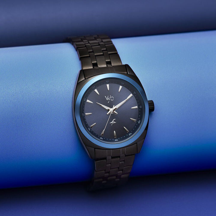 Fastrack Vyb Arcane Quartz Analog Blue Dial Black Color Metal Strap Watch For Guys FV30007KM02W