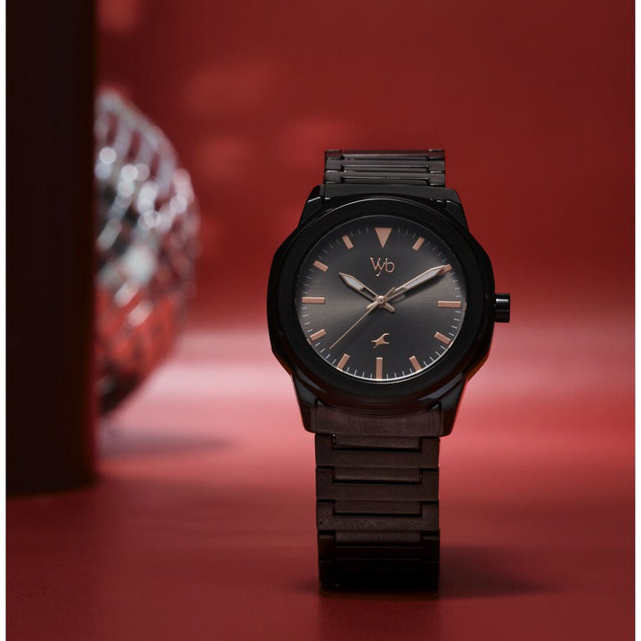 Fastrack Vyb Quest Quartz Analog Black Dial Black Metal Strap Watch For Guys FV30009NM01W