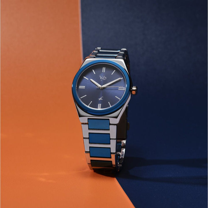 Fastrack Vyb Nimbus Quartz Analog Blue Dial Two Toned Color Metal Strap Watch For Guys FV30010KM01W