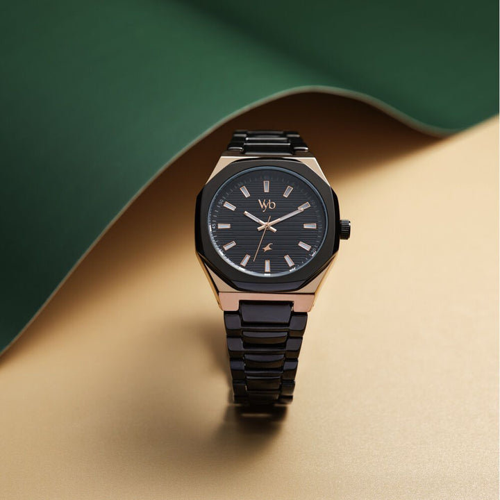 Fastrack Vyb Limitless Quartz Analog Black Dial Black Color Metal Strap Watch For Guys FV30012KM01W