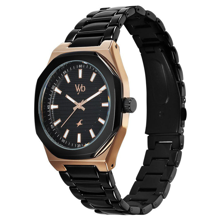Fastrack Vyb Limitless Quartz Analog Black Dial Black Color Metal Strap Watch For Guys FV30012KM01W