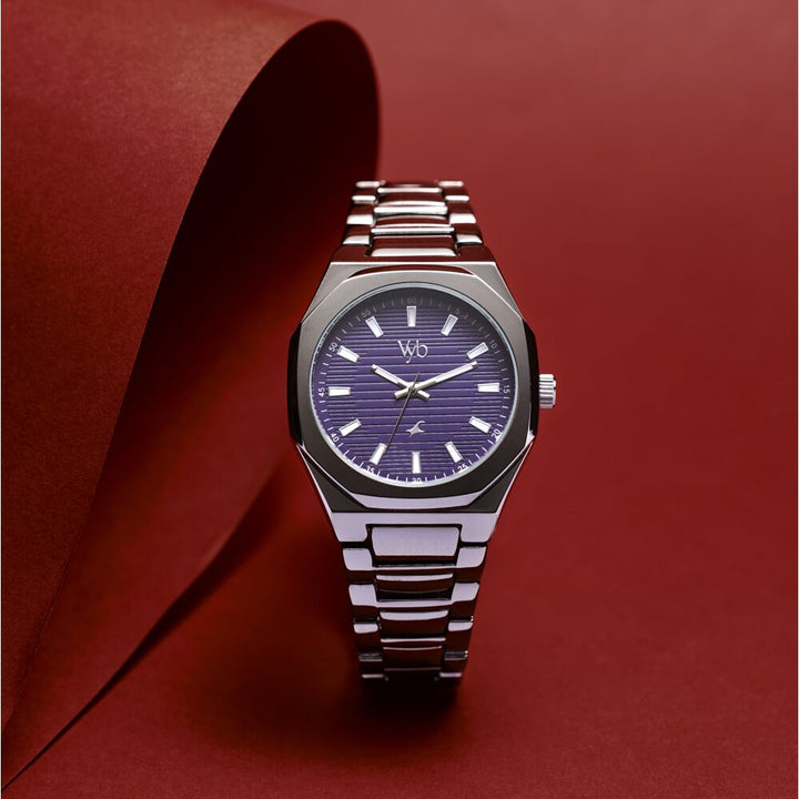 Fastrack Vyb Limitless Quartz Analog Blue Dial Grey Color Metal Strap Watch For Guys FV30012QM01W