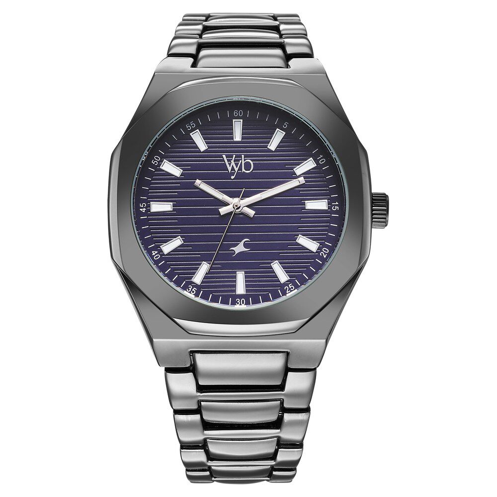 Fastrack Vyb Limitless Quartz Analog Blue Dial Grey Color Metal Strap Watch For Guys FV30012QM01W