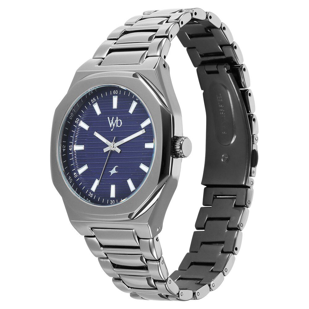 Fastrack Vyb Limitless Quartz Analog Blue Dial Grey Color Metal Strap Watch For Guys FV30012QM01W