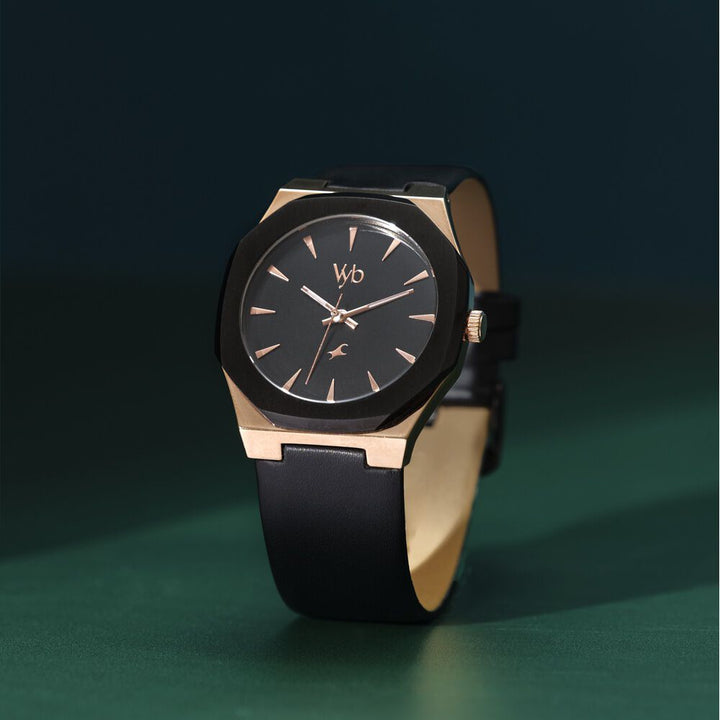 Fastrack Vyb Challenger Quartz Analog Black Dial Black Color Leather Strap Watch For Guys FV30013KL01W