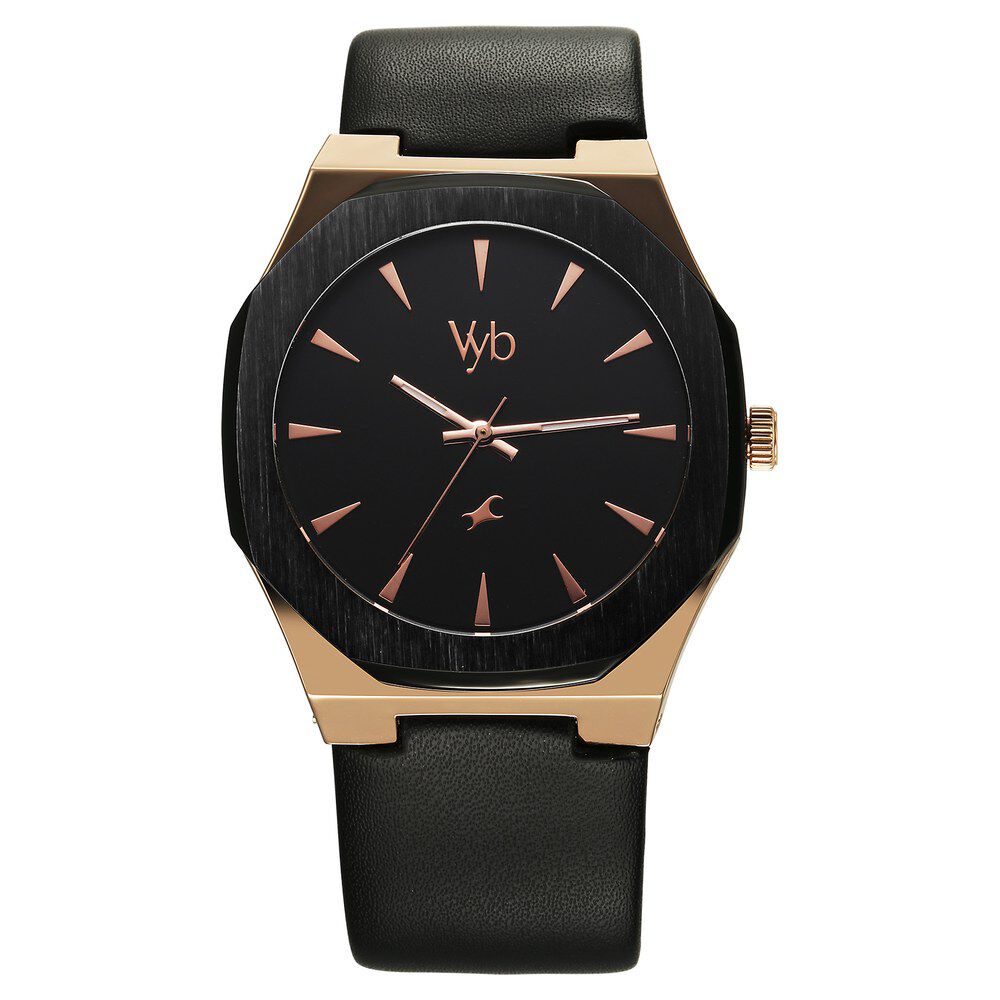 Fastrack Vyb Challenger Quartz Analog Black Dial Black Color Leather Strap Watch For Guys FV30013KL01W