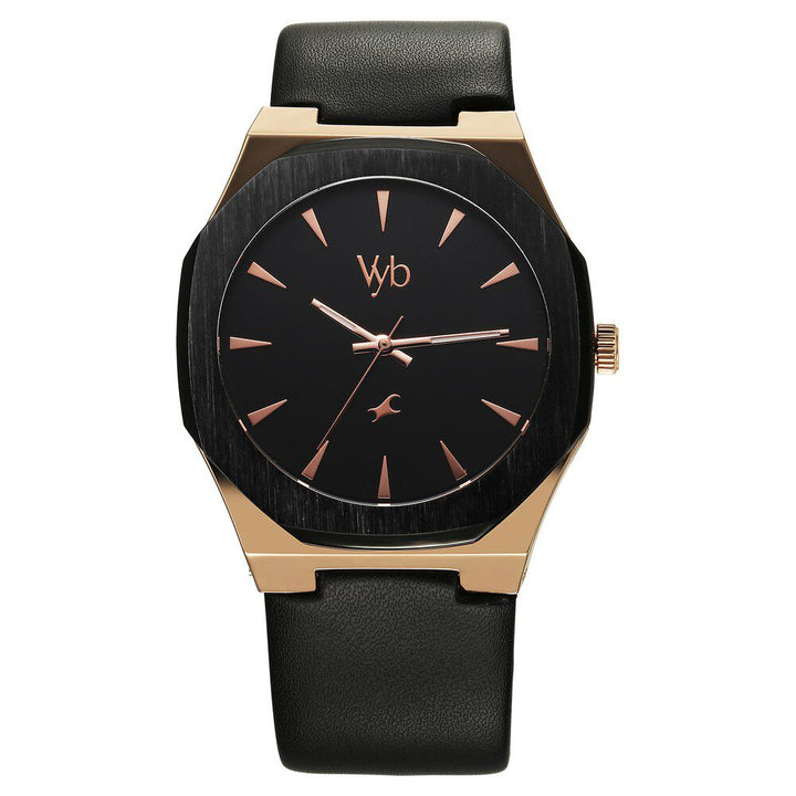 Fastrack Vyb Challenger Quartz Analog Black Dial Black Color Leather Strap Watch For Guys FV30013KL01W