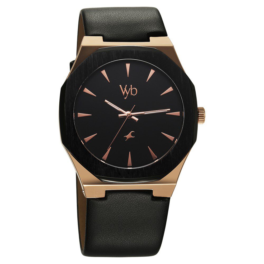 Fastrack Vyb Challenger Quartz Analog Black Dial Black Color Leather Strap Watch For Guys FV30013KL01W