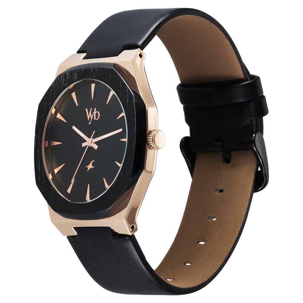 Fastrack Vyb Challenger Quartz Analog Black Dial Black Color Leather Strap Watch For Guys FV30013KL01W