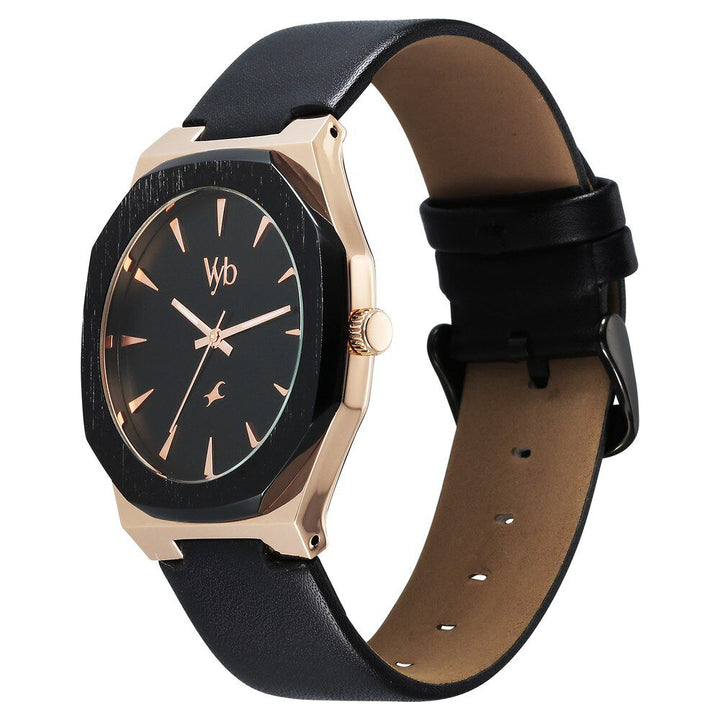 Fastrack Vyb Challenger Quartz Analog Black Dial Black Color Leather Strap Watch For Guys FV30013KL01W