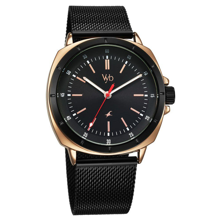 Fastrack Vyb Pioneer Quartz Analog Black Dial Black Metal Strap Watch For Guys FV30014KM01W