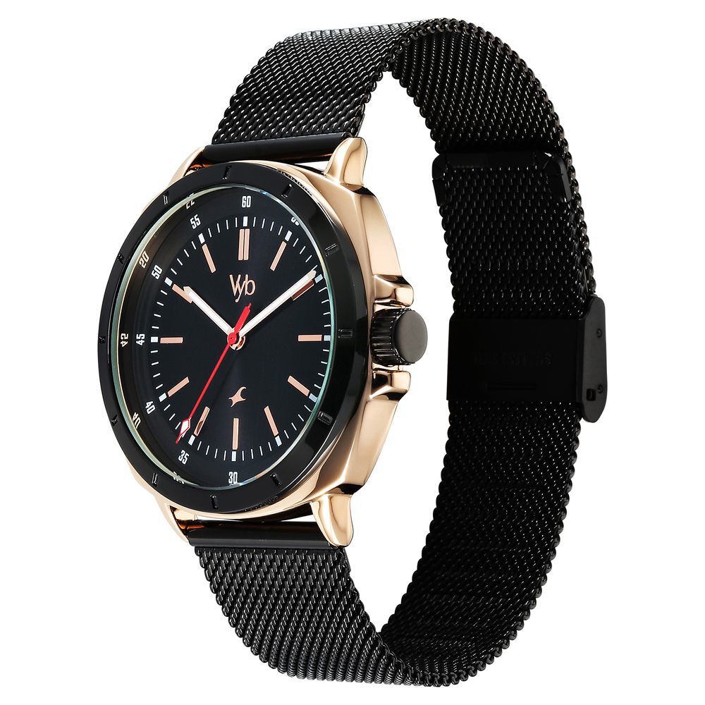 Fastrack Vyb Pioneer Quartz Analog Black Dial Black Metal Strap Watch For Guys FV30014KM01W