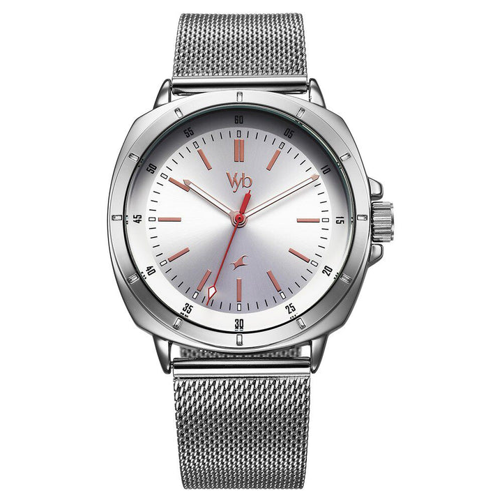 Fastrack Vyb Pioneer Quartz Analog Silver Dial Silver Metal Strap Watch For Guys FV30014SM01W