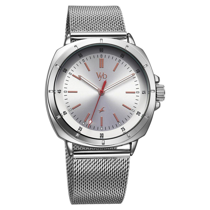 Fastrack Vyb Pioneer Quartz Analog Silver Dial Silver Metal Strap Watch For Guys FV30014SM01W