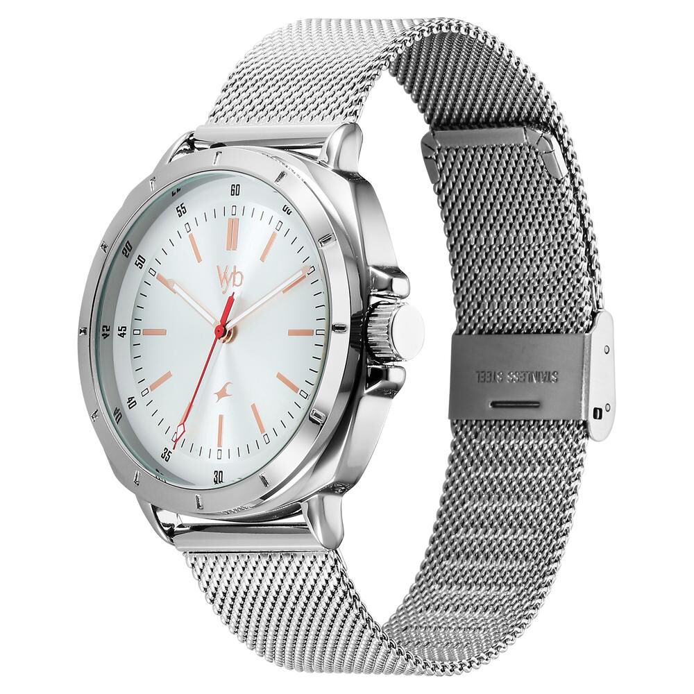 Fastrack Vyb Pioneer Quartz Analog Silver Dial Silver Metal Strap Watch For Guys FV30014SM01W