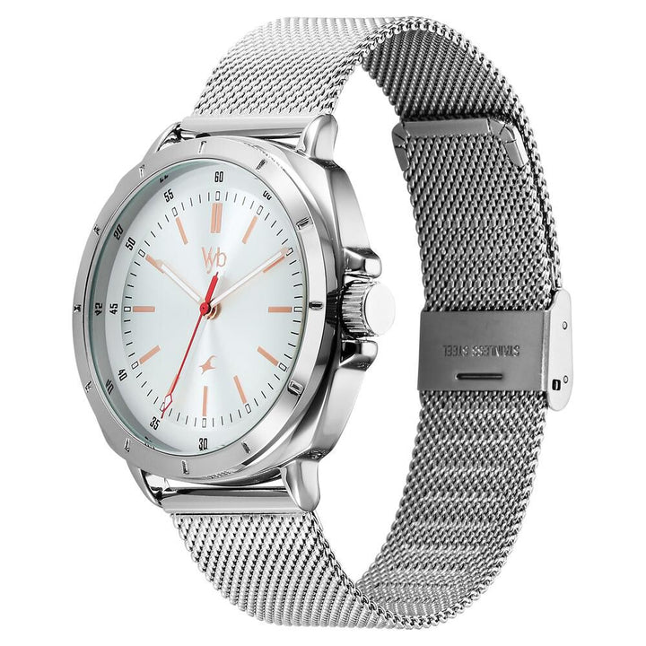 Fastrack Vyb Pioneer Quartz Analog Silver Dial Silver Metal Strap Watch For Guys FV30014SM01W