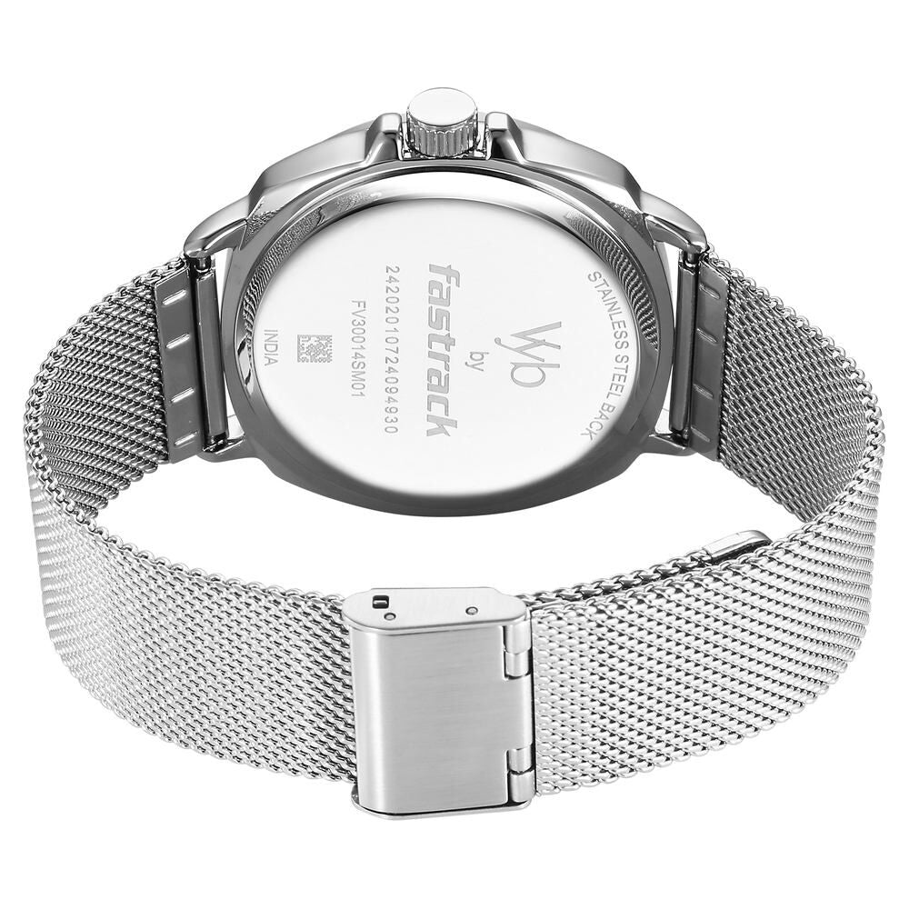 Fastrack Vyb Pioneer Quartz Analog Silver Dial Silver Metal Strap Watch For Guys FV30014SM01W
