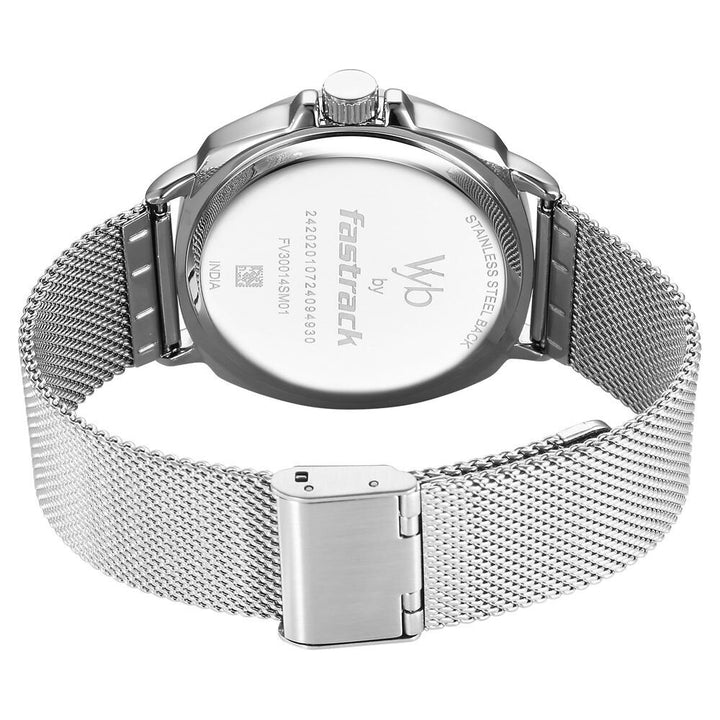 Fastrack Vyb Pioneer Quartz Analog Silver Dial Silver Metal Strap Watch For Guys FV30014SM01W