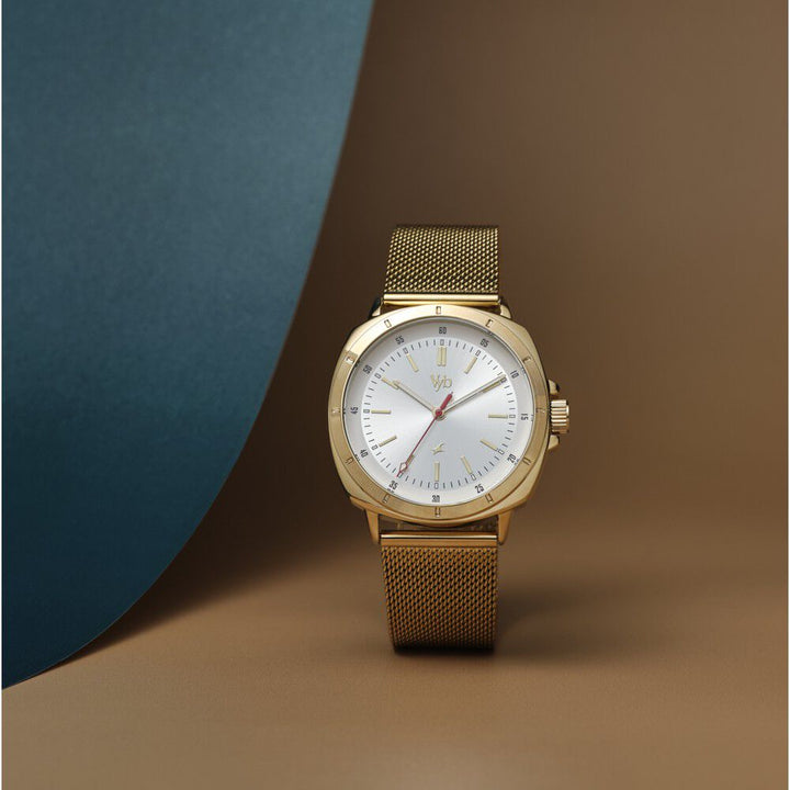 Fastrack Vyb Pioneer Quartz Analog Silver Dial Golden Metal Strap Watch For Guys FV30014YM01W