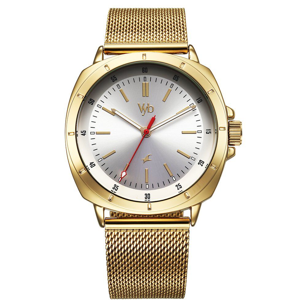 Fastrack Vyb Pioneer Quartz Analog Silver Dial Golden Metal Strap Watch For Guys FV30014YM01W