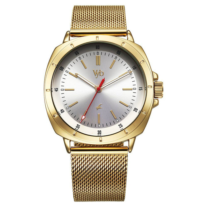 Fastrack Vyb Pioneer Quartz Analog Silver Dial Golden Metal Strap Watch For Guys FV30014YM01W
